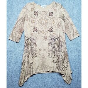 Closet Full Blouse Womens L Brown Medallion Leaf Tunic 3/4 Sleeve Round Neck New